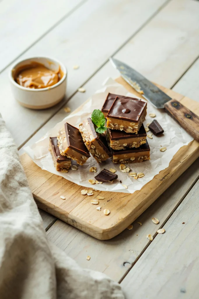 No-bake peanut butter oat bars with a chocolate top layer