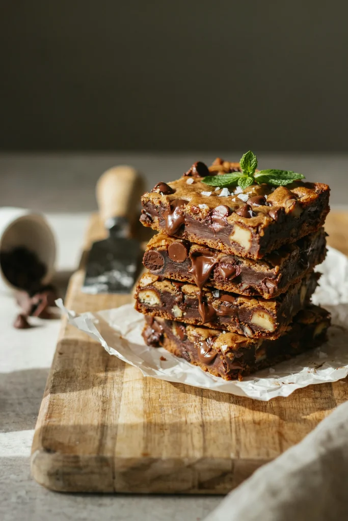 Sheet-pan chocolate chip cookie bars cut into squares