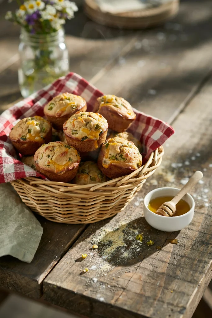 Jalapeño cheddar cornbread muffins in a basket