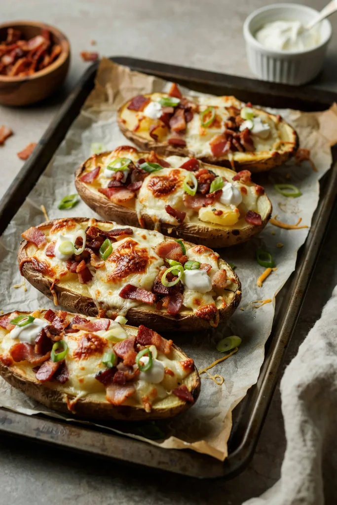 Loaded baked potato skins with melted cheddar, bacon, and sour cream