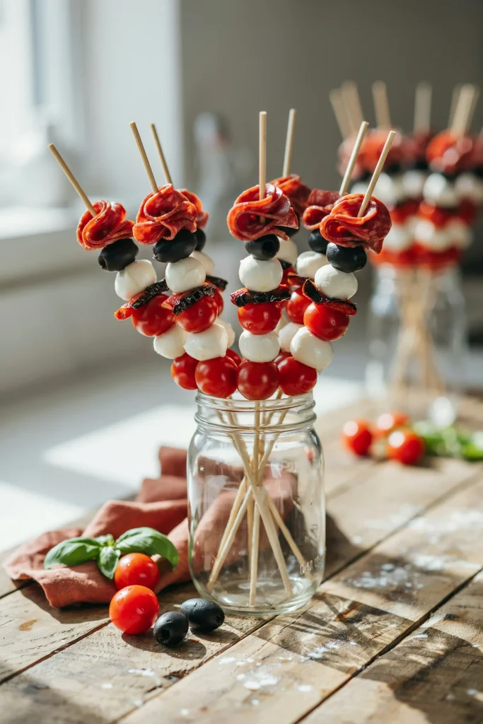 Antipasto skewers with salami, mozzarella, olives, and roasted red peppers