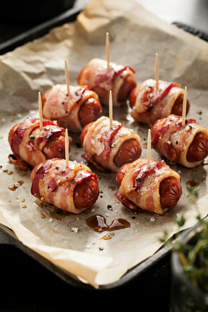 Bacon-wrapped cocktail sausages glazed with brown sugar on a sheet pan