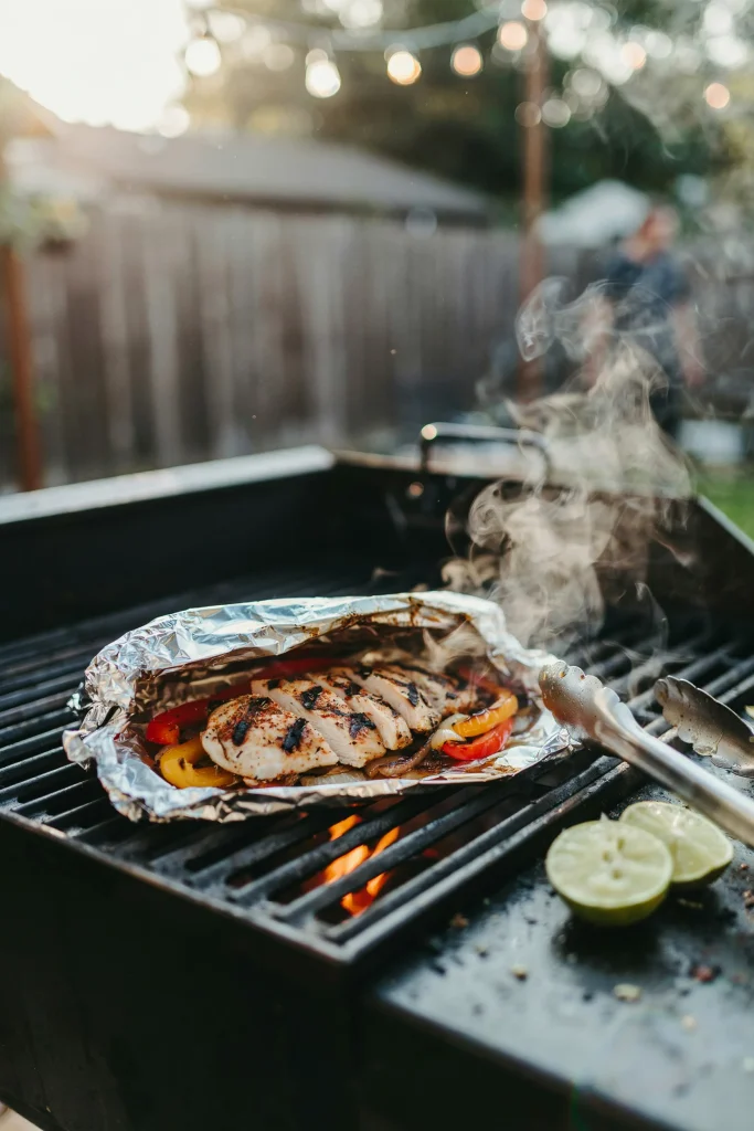 Chicken fajita foil packet open on the grill with peppers and onions
