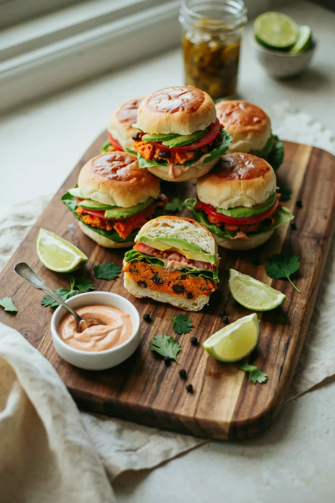 Black bean and sweet potato sliders topped with avocado on mini buns