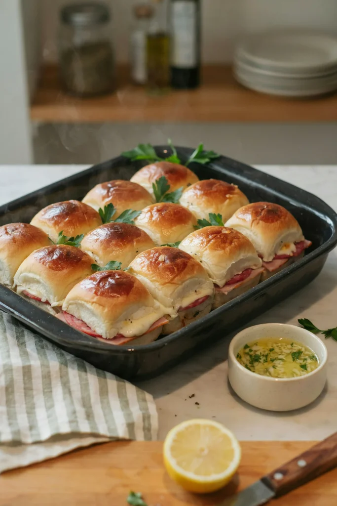 Italian sub sliders with salami, ham, and melted provolone on a baking sheet