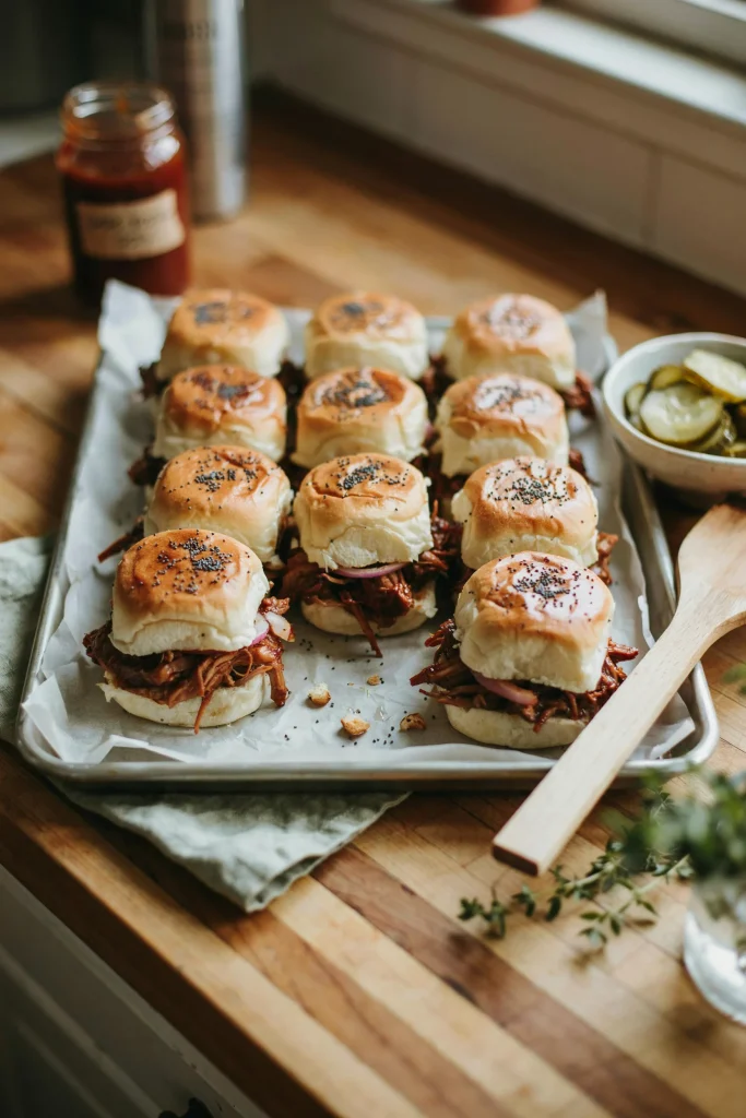 BBQ pulled pork sliders on Hawaiian rolls glazed with butter and poppy seeds