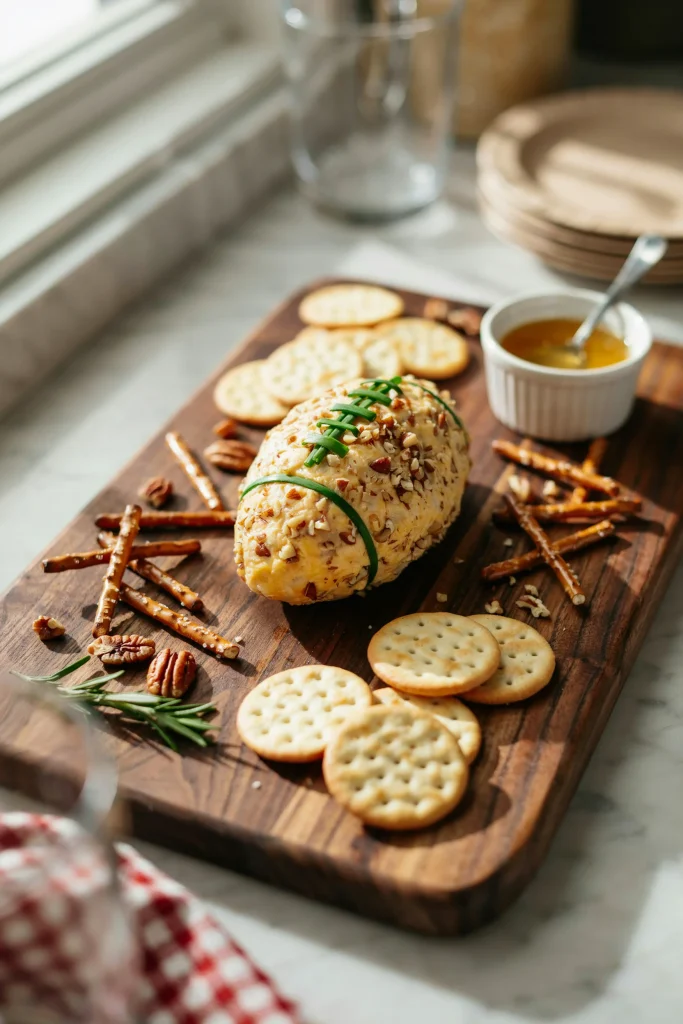 Football-shaped cheese ball with chive laces rolled in chopped pecans