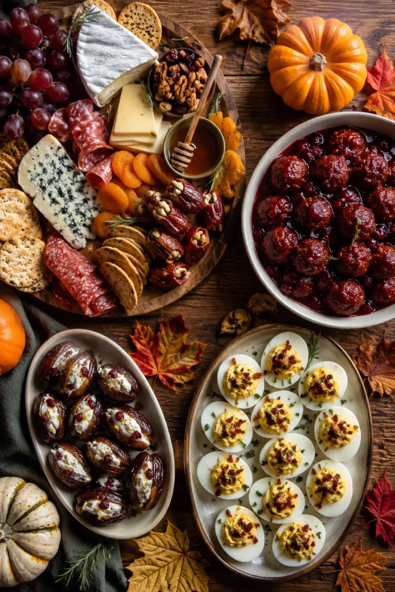 An overhead flat-lay of a wooden table set with a cheese board, a bowl of cranberry meatballs, deviled eggs, and stuffed dates, styled with mini pumpkins and fall leaves. Warm, golden light