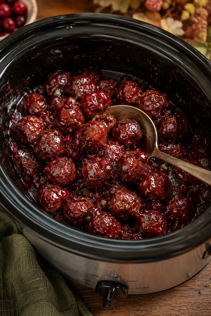 A slow cooker filled with glossy cranberry-glazed meatballs, a serving spoon resting inside