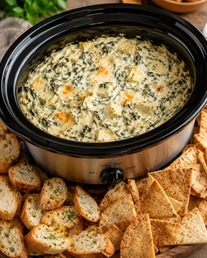 A creamy spinach artichoke dip bubbling in a slow cooker, surrounded by pita chips and baguette slices.