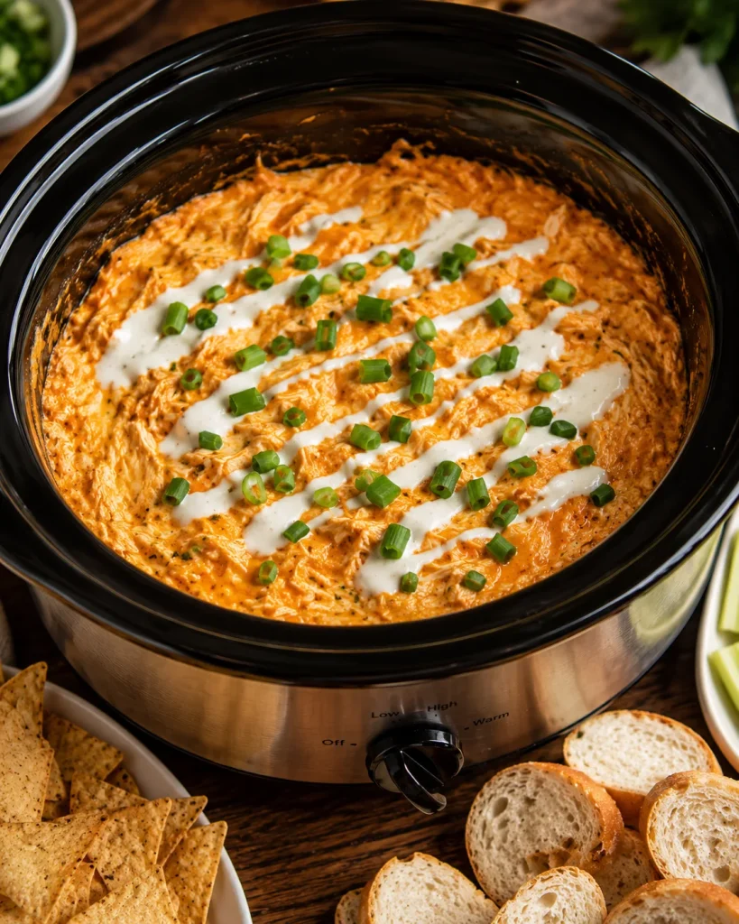 A bubbling buffalo chicken dip in a slow cooker, topped with a drizzle of ranch and chopped green onion