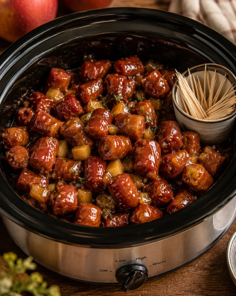 Cocktail-sized sausage bites glazed in a glossy apple cider sauce, served with toothpicks in a slow cooker