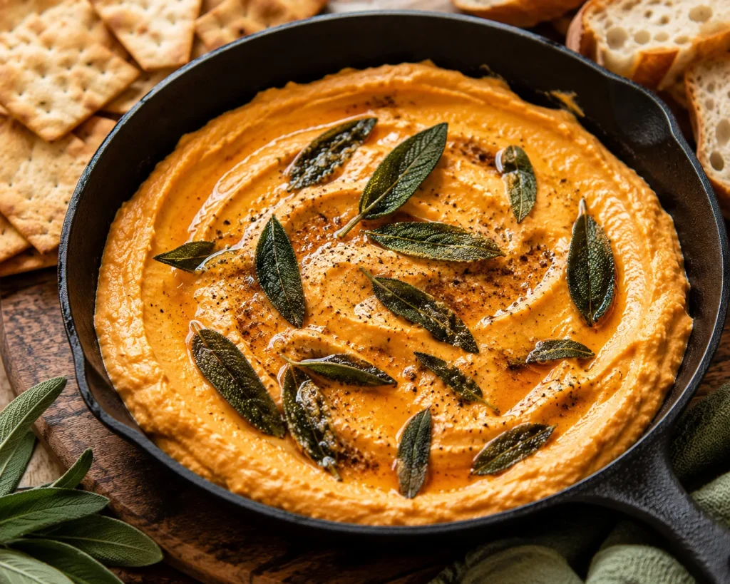 A warm, creamy orange dip in a skillet, topped with crispy fried sage leaves and a drizzle of brown butter