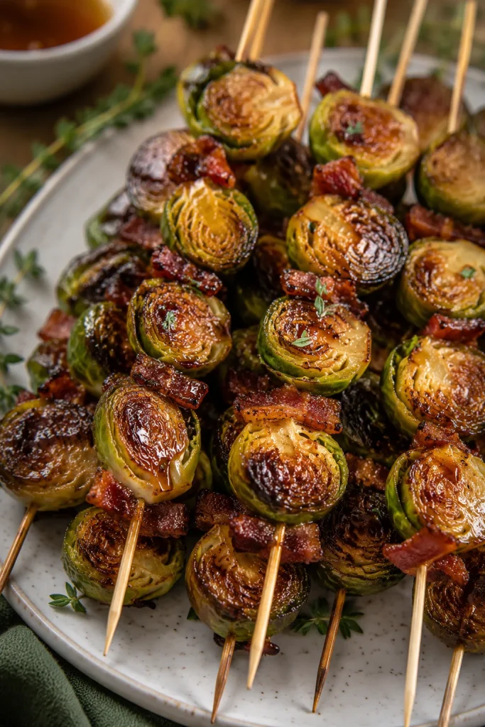 Halved brussels sprouts pan-seared until caramelized, tossed with bacon bits and a maple glaze, served on a skewer.