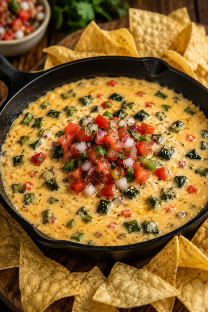 A cast iron skillet of melted queso studded with roasted poblano and pico de gallo, served with tortilla chips.