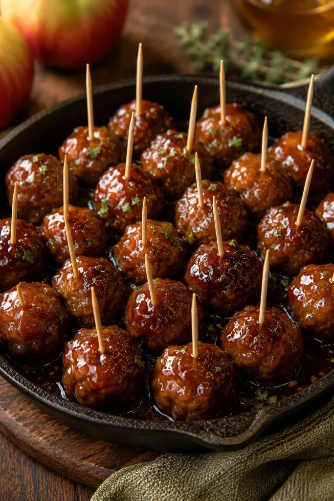 Cocktail meatballs glazed in a glossy apple cider reduction, served in a skillet with toothpick
