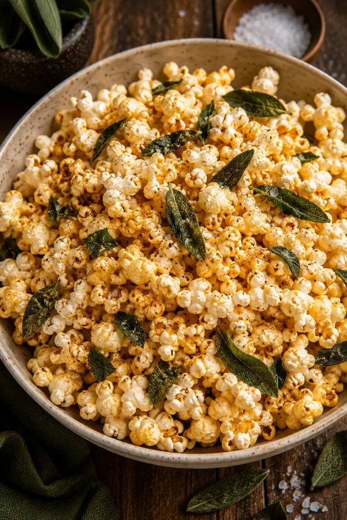 A large bowl of popcorn tossed with brown butter and crispy sage, dusted with flaky salt