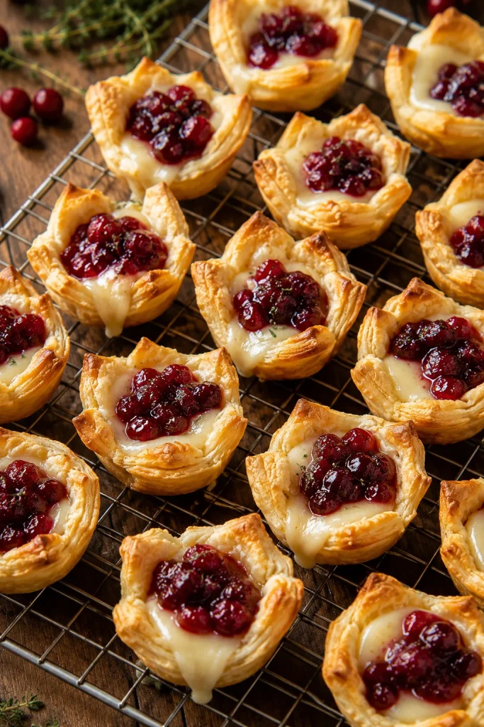 Golden puff pastry cups filled with melted brie and a spoonful of cranberry sauce, cooling on a wire rack.