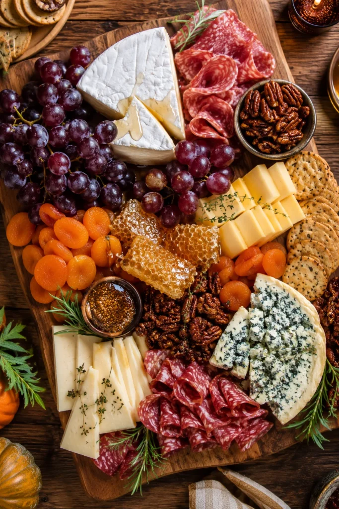 A large wooden board loaded with brie, cheddar, salami, dried apricots, honeycomb, candied pecans, and grapes, arranged in loose clusters