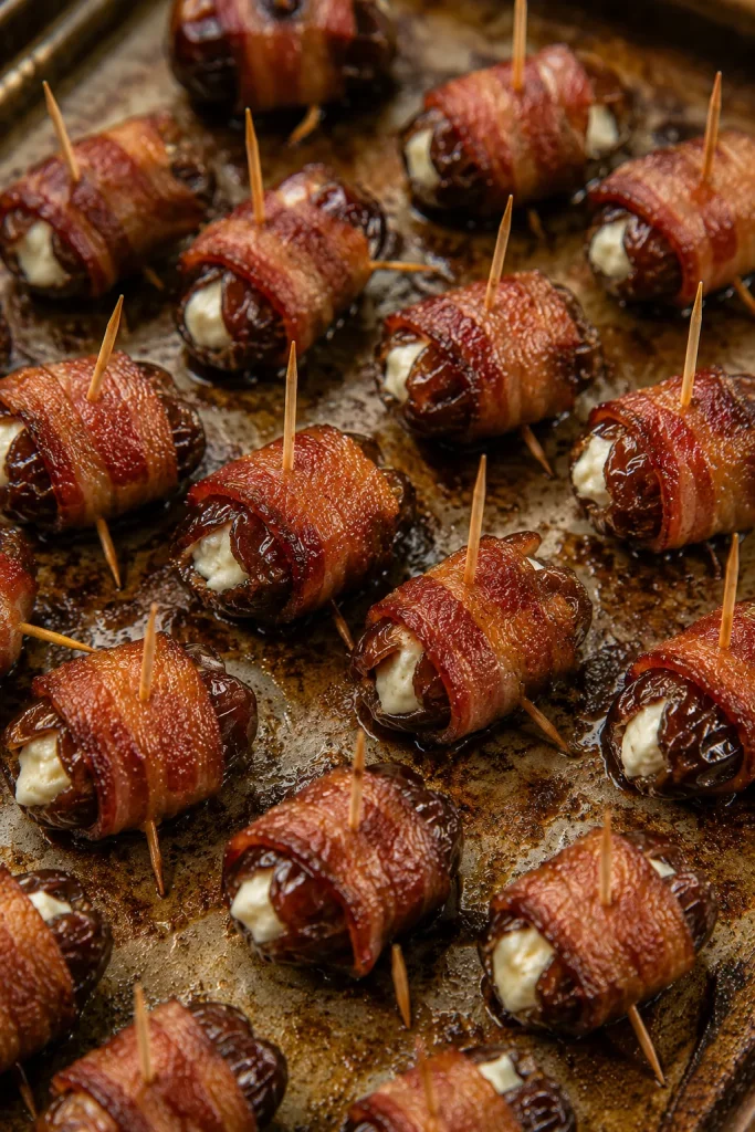 Bacon-wrapped dates stuffed with goat cheese, secured with toothpicks, browned and glossy on a baking sheet.