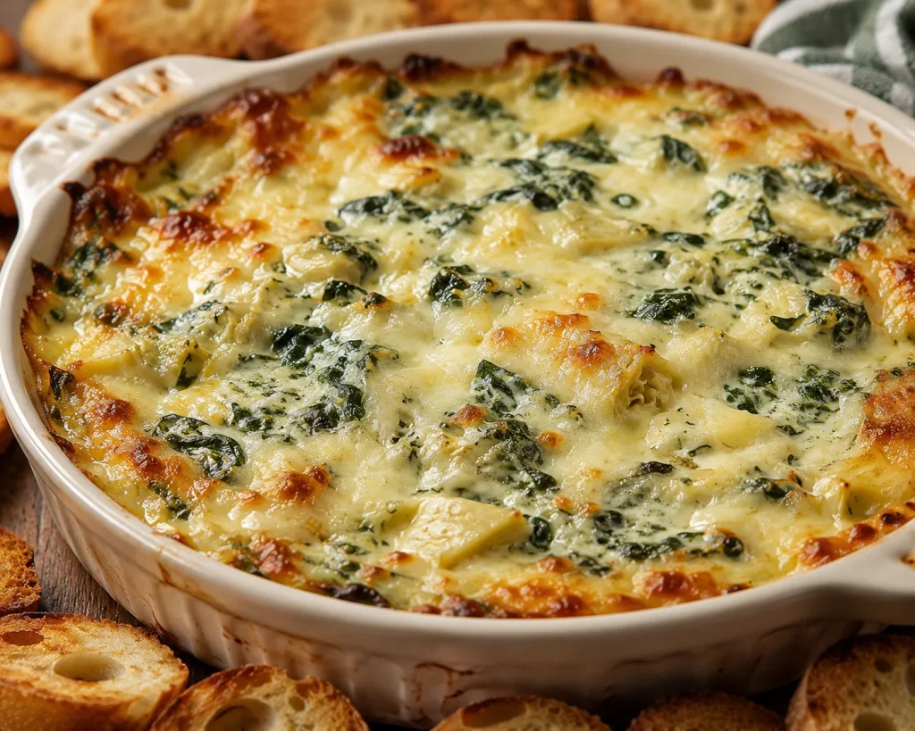 A bubbling, golden-topped spinach artichoke dip in a baking dish, fresh out of the oven