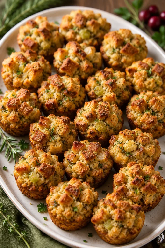 Bite-sized muffin-tin stuffing bites, golden brown on top, arranged on a serving platter.