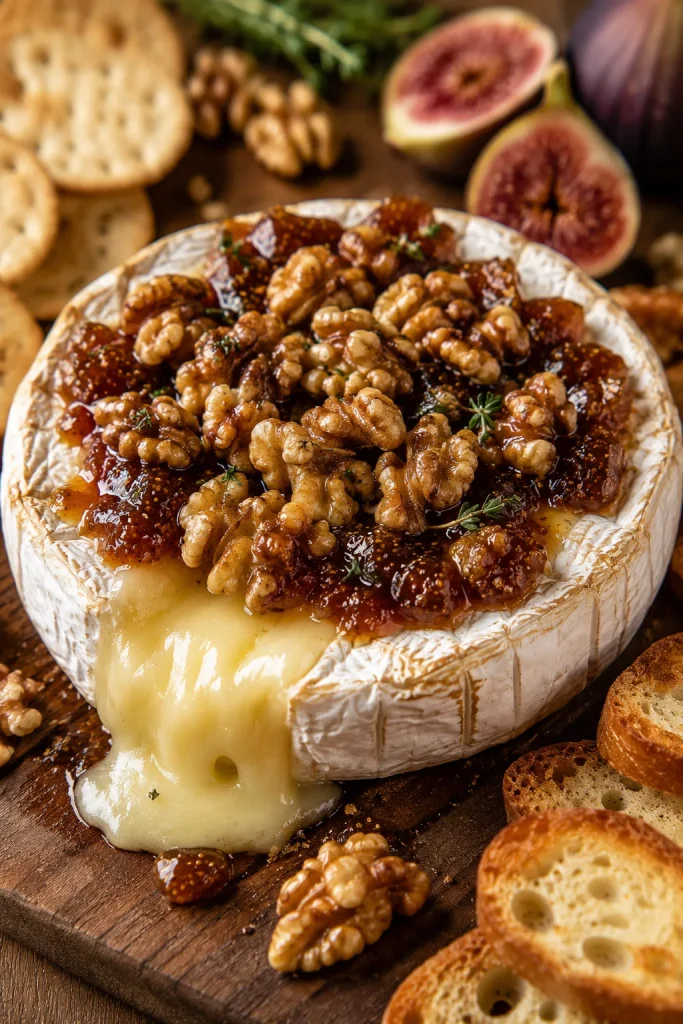 A whole wheel of brie topped with fig jam and toasted walnuts, baked until soft and gooey, on a wooden board.