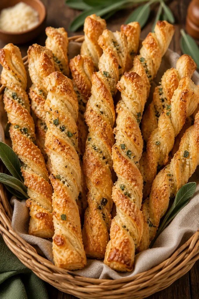 Golden, spiraled puff pastry twists dusted with parmesan and flecked with fresh sage, arranged in a basket