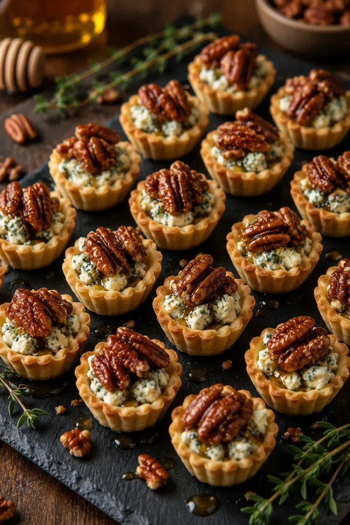 Miniature tart shells filled with blue cheese and topped with maple-roasted pecans, arranged on a slate board
