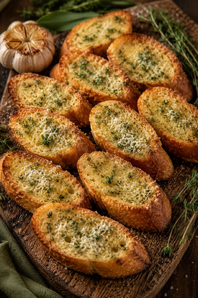 Toasted baguette slices spread with roasted garlic and herb butter, dusted with parmesan, on a rustic wooden board.