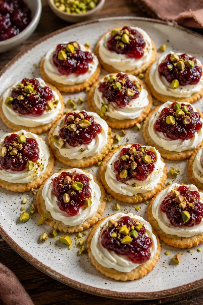 Crackers topped with swirled whipped ricotta, a spoonful of cranberry sauce, and a sprinkle of chopped pistachios.
