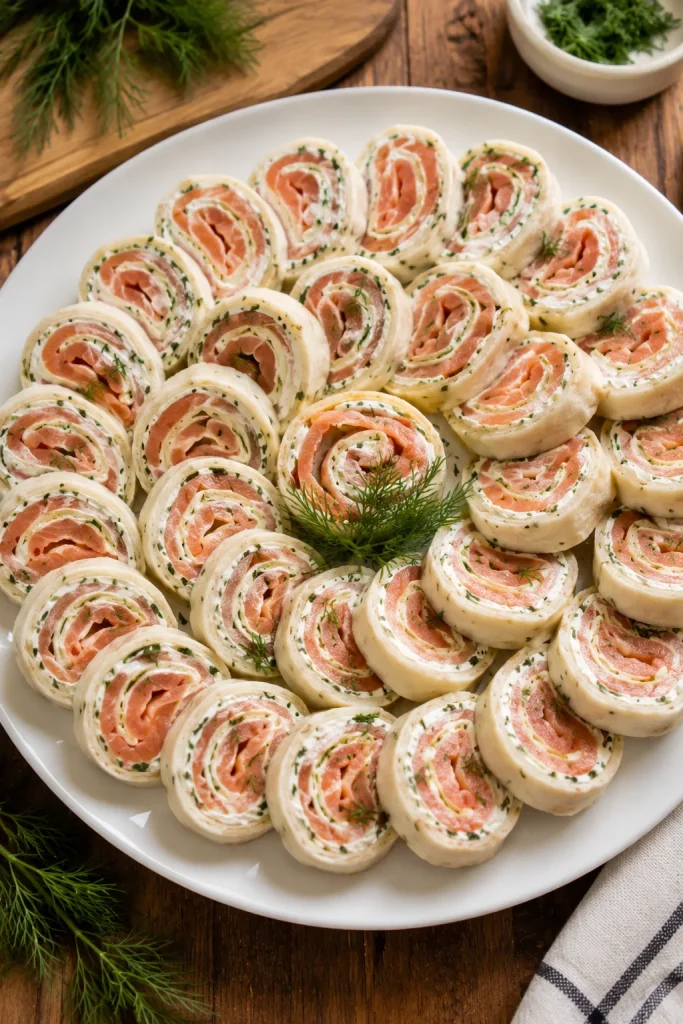 Sliced pinwheels of tortilla, cream cheese, and smoked salmon arranged in a spiral on a white plate.