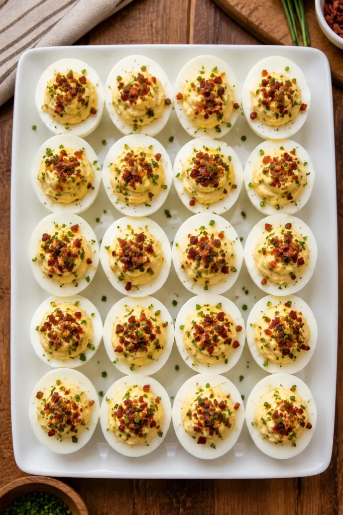 A deviled egg platter with each half topped with crumbled bacon and fresh chives, arranged in neat rows.