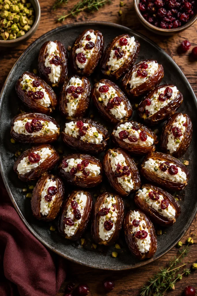 Medjool dates split open and stuffed with whipped goat cheese and dried cranberries, arranged on a dark plate