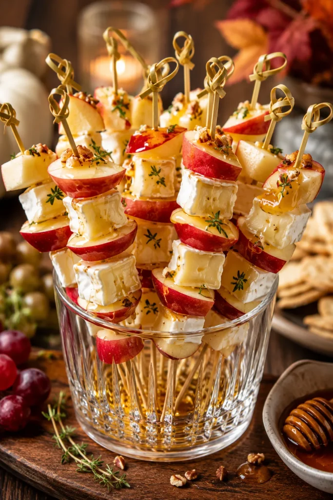 Small skewers threaded with apple slices, cubed brie, and a drizzle of honey, standing upright in a glass
