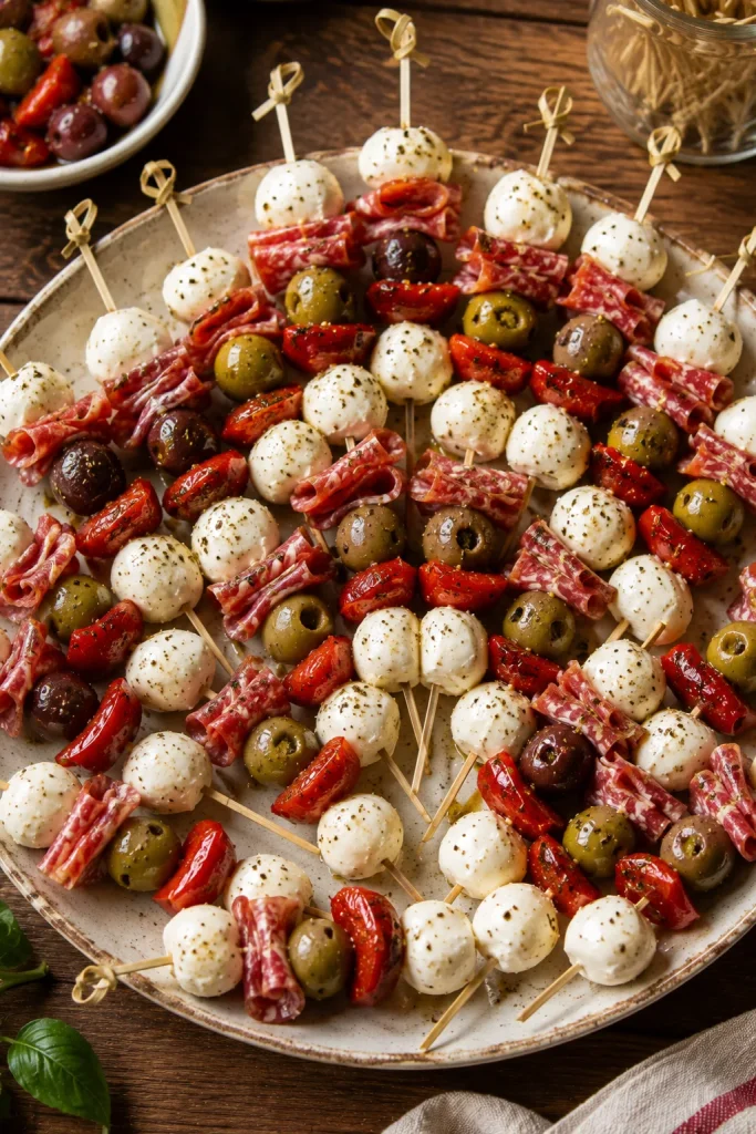 Skewers alternating mozzarella balls, salami, marinated olives, and roasted red pepper, arranged fan-style on a platter