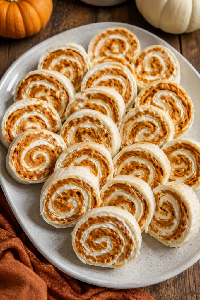  Sliced pinwheels showing swirls of orange pumpkin butter and cream cheese inside a flour tortilla.]