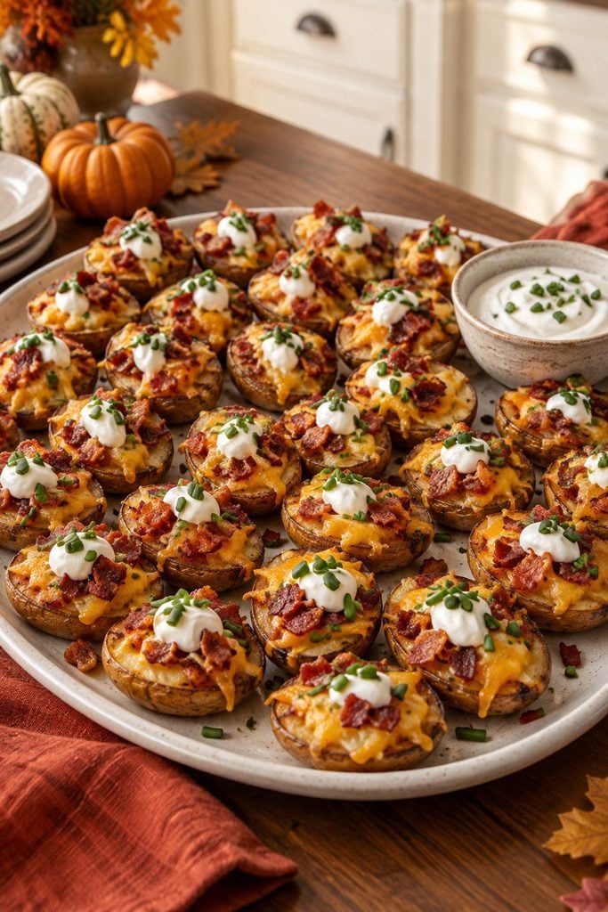 Golden mashed potato puffs baked in a mini muffin tin, served with a bowl of sour cream and chives
