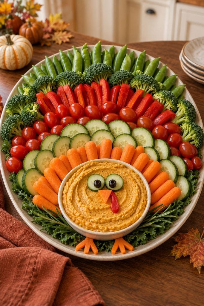 A veggie tray arranged in a fan of colorful carrots, cucumbers, tomatoes, peppers, and broccoli behind a bowl of pumpkin hummus, shaped like a turkey