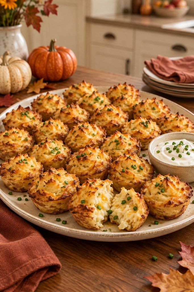Halved baby potatoes topped with melted cheddar, crumbled bacon, sour cream, and chives on a platter