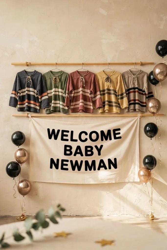Vintage hockey jersey backdrop for a hockey baby shower photo wall