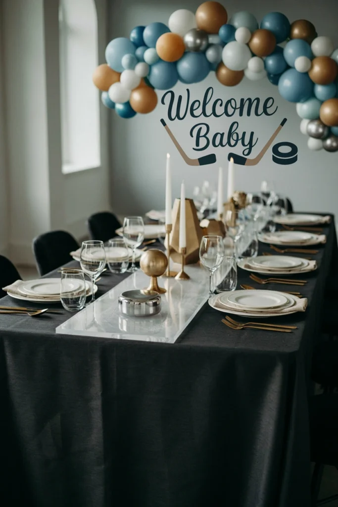 Black, white, and gold ice rink inspired hockey baby shower table setting