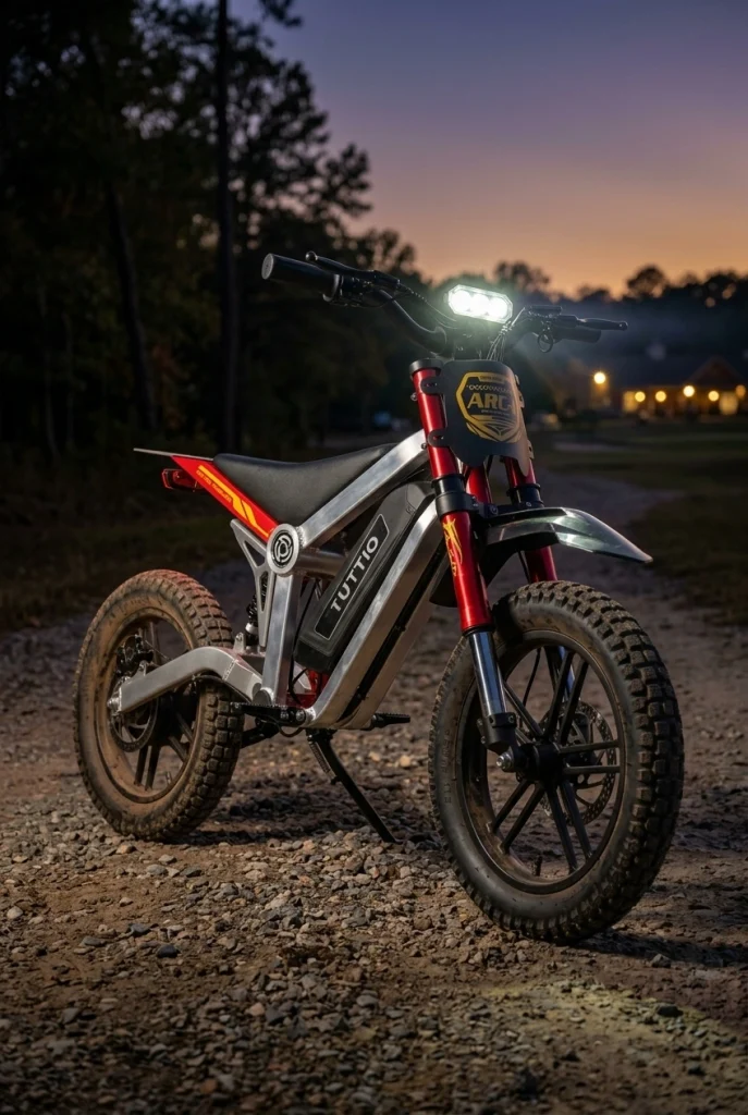 Tuttio ARC-I electric dirt bike with aluminum frame visible, headlight on, parked at dusk