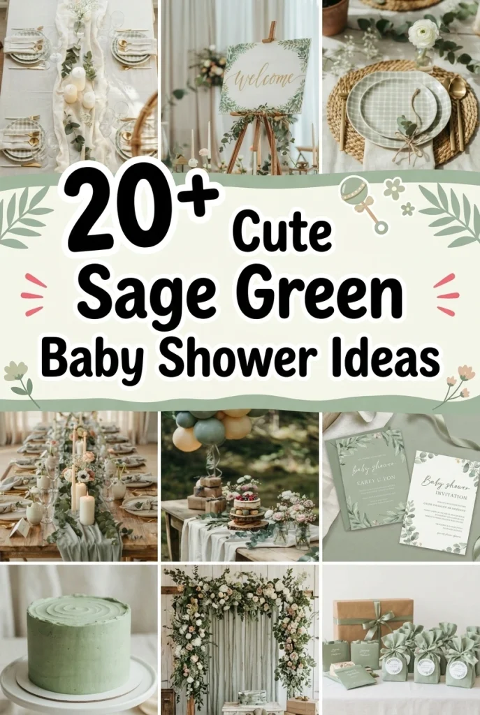 Pinterest pin collage of sage green baby shower ideas