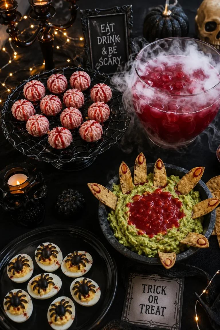 An overhead shot of a Halloween party spread with brain-shaped cake balls, a bloody guacamole dip with tortilla "fingers," and a red punch bowl with dry ice fog — moody lighting, black tablecloth, string lights in the background.