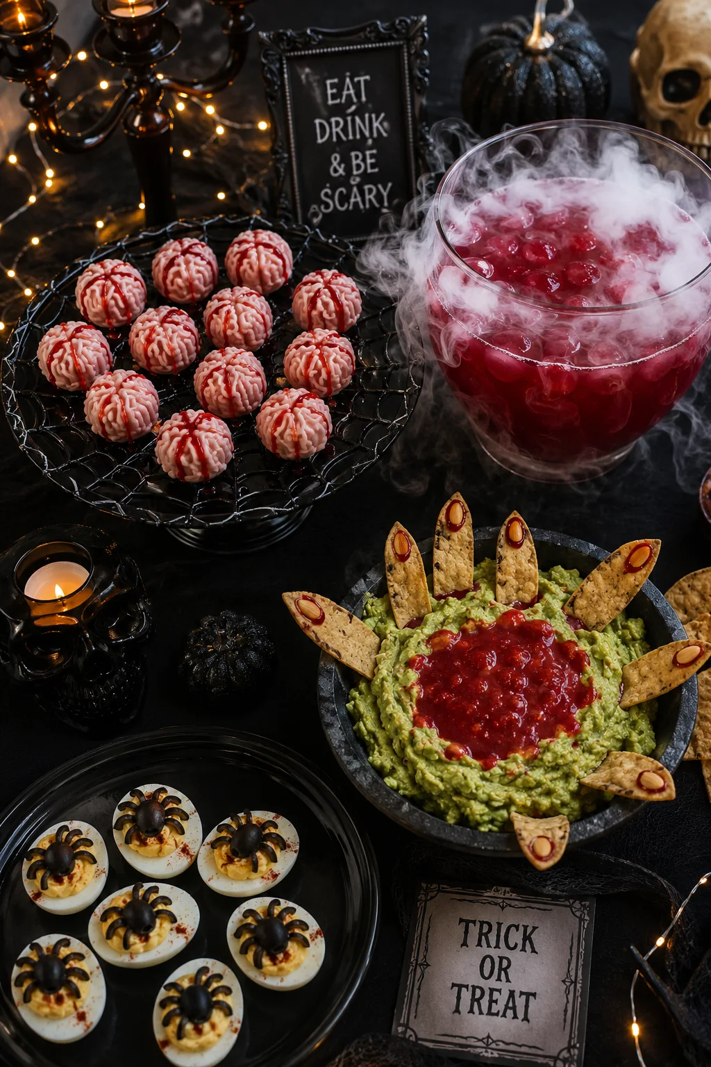 An overhead shot of a Halloween party spread with brain-shaped cake balls, a bloody guacamole dip with tortilla "fingers," and a red punch bowl with dry ice fog — moody lighting, black tablecloth, string lights in the background.