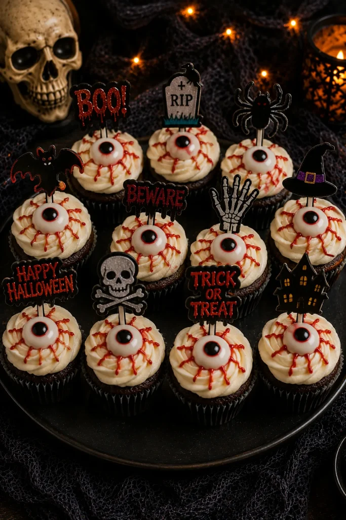 Eyeball cupcakes with candy eyes and glitter horror toppers