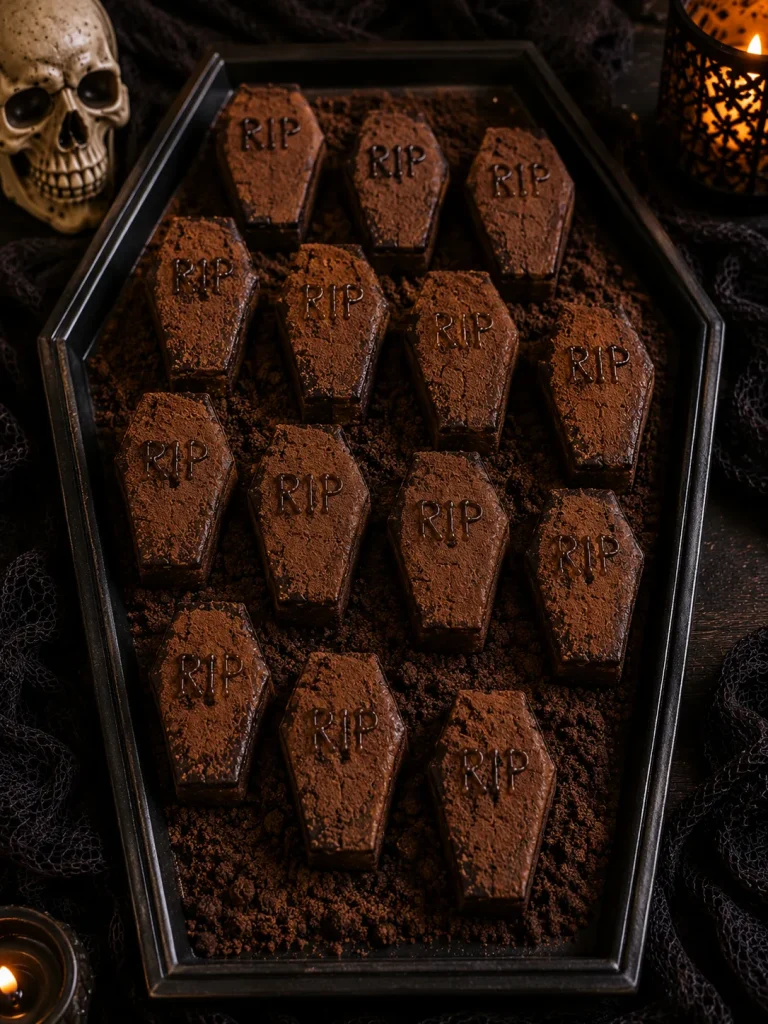 Coffin shaped brownie bites with cocoa dirt on a coffin serving tray