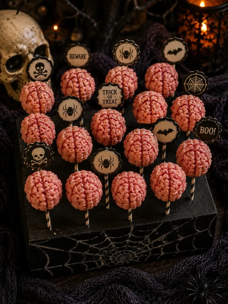 Rice Krispie brain bites mounted on bamboo picks