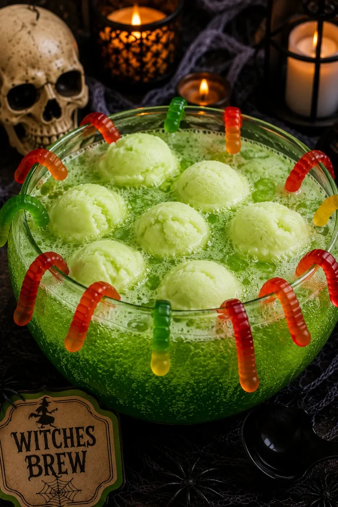 Zombie punch bowl with lime sherbet and gummy worms on the rim